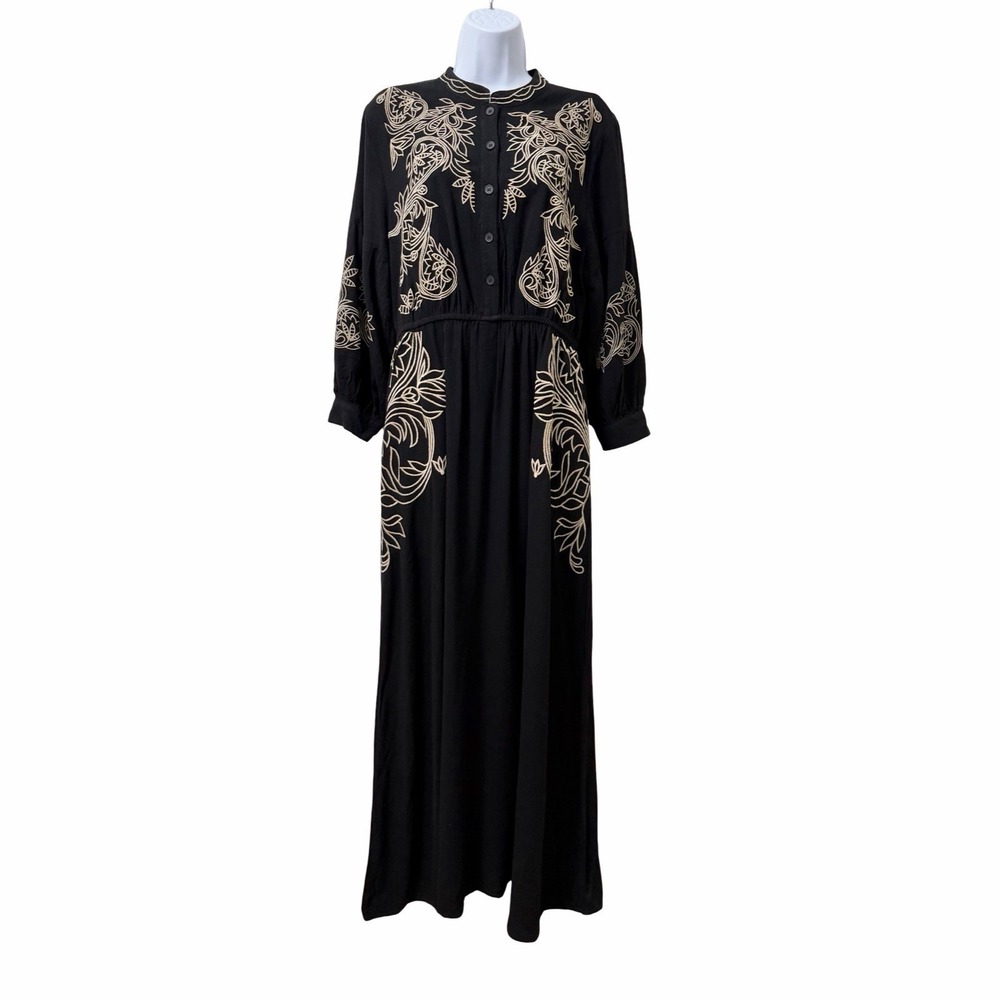 Solitaire Womens Embroidered 3/4‎ Sleeve Maxi Dress Size XL Black Boho Trad Wife